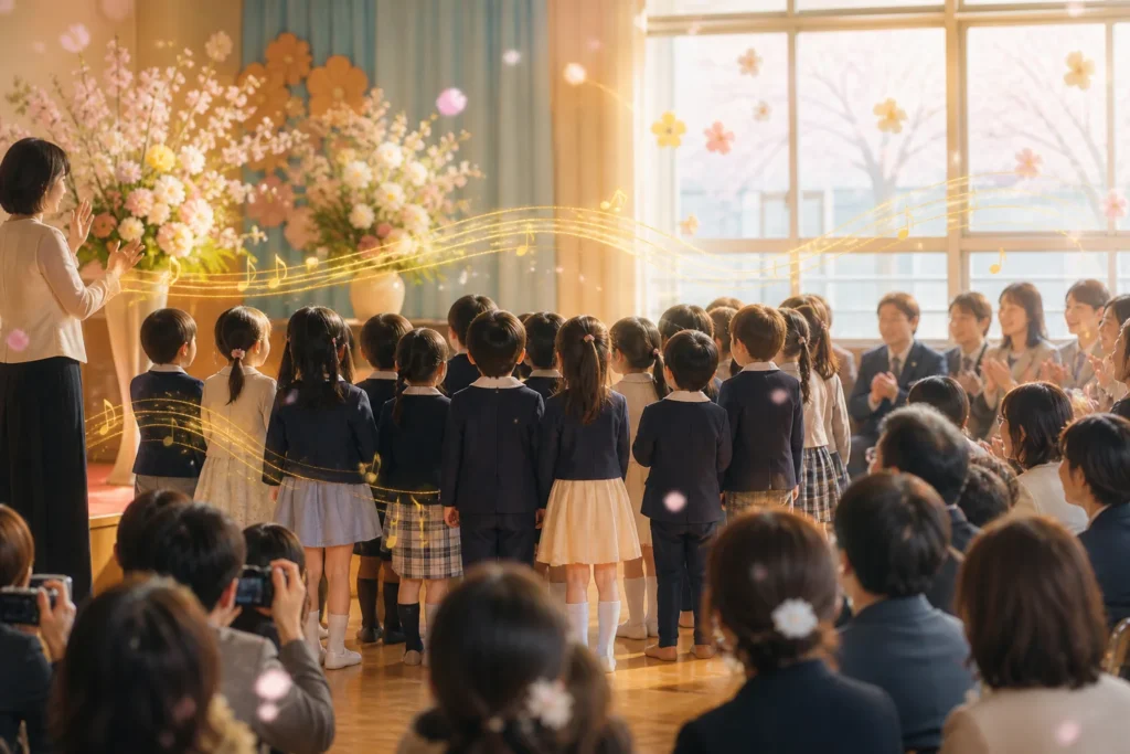 卒園式で一緒に歌う子どもたちと見守る家族