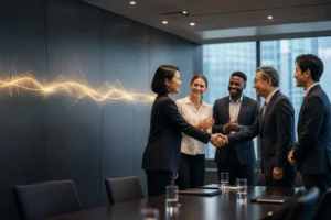 サービス提案後に握手する企業チームと音の波